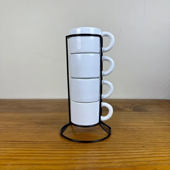 Stacking Espresso Cup Set with Stand | Modern White Ceramic Mugs - Picture 6 of 10